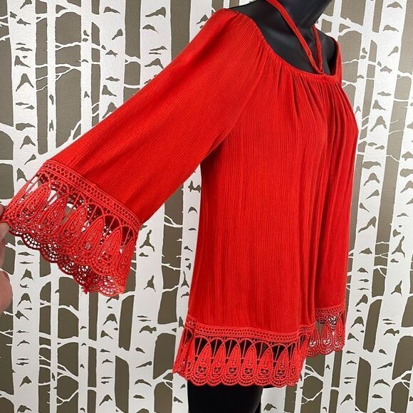 Cato Bright Orange Gauze Embroidered Lace Trim Tie Neck Top S - Picture 2 of 9